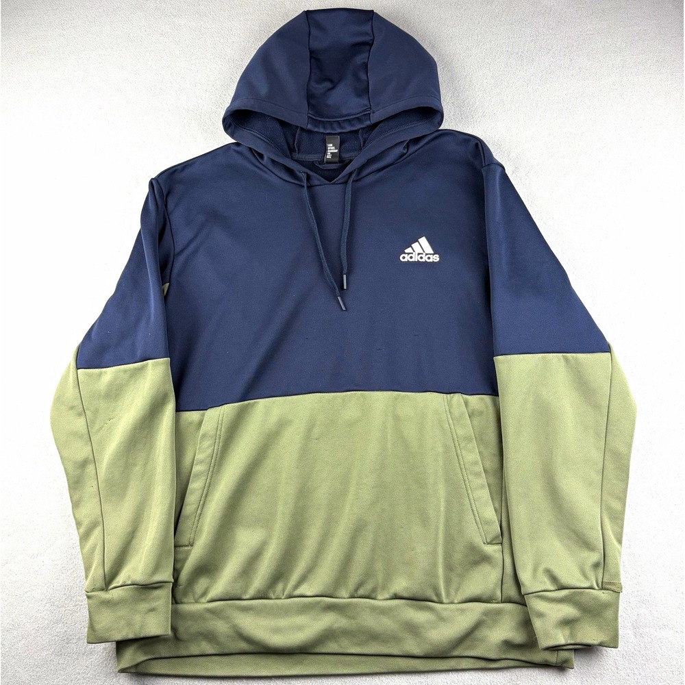adidas Colorblock Fleece Pullover Hoodie Logo Pockets Men's XL Navy Green